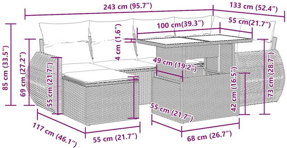 Lauko baldų komplektas Sodo komplektas su pagalvėlėmis, 7 dalių, poliratanas/akacija