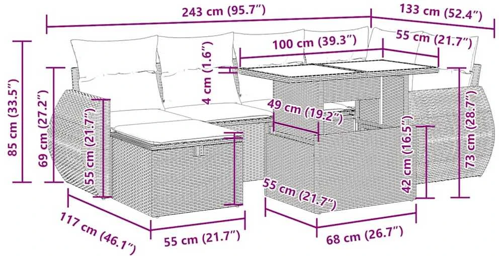 Lauko baldų komplektas Sodo komplektas su pagalvėlėmis, 7 dalių, poliratanas/akacija