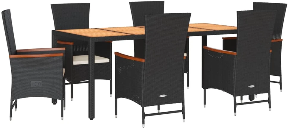 Lauko baldų komplektas Sodo komplektas su pagalvėlėmis, 7 dalių, juodas, poliratanas