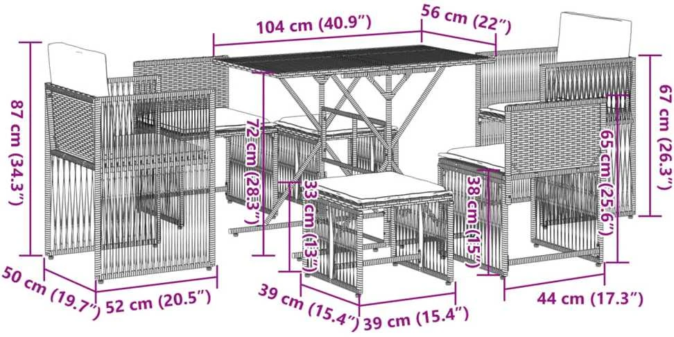 Sodo komplektas su pagalvėlėmis, 7 dalių, rudas, poliratanas