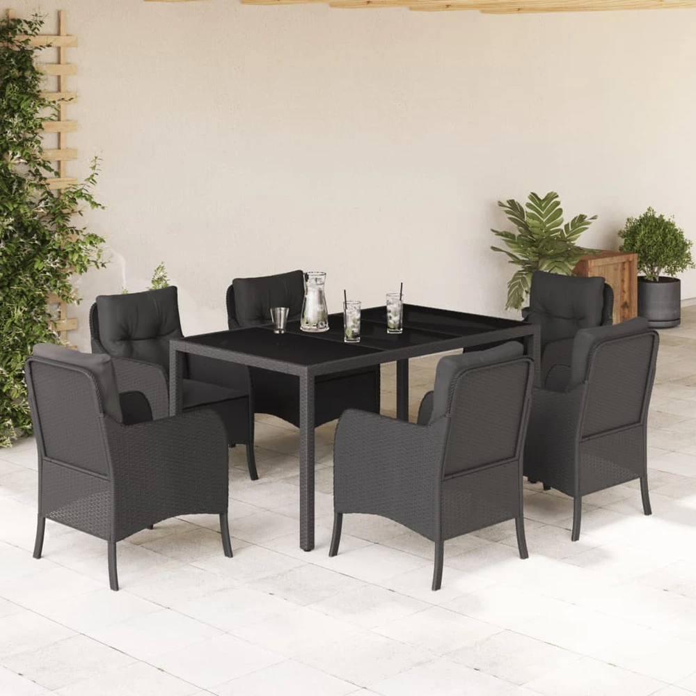 Lauko baldų komplektas Sodo komplektas su pagalvėlėmis, 7 dalių, juodas, poliratanas