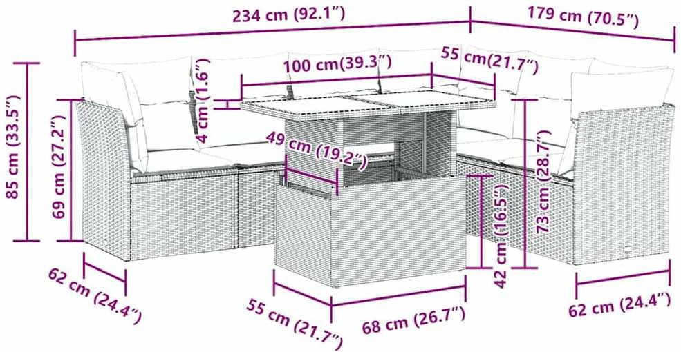 Lauko baldų komplektas Sodo komplektas su pagalvėlėmis, 7 dalių, poliratanas/akacija