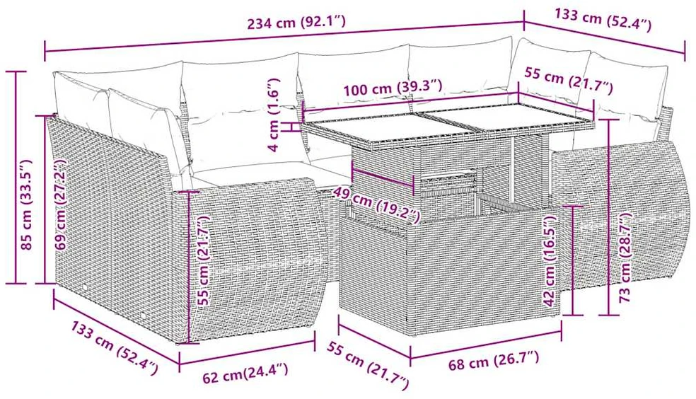 Sodo komplektas su pagalvėlėmis, 7 dalių, poliratanas/akacija
