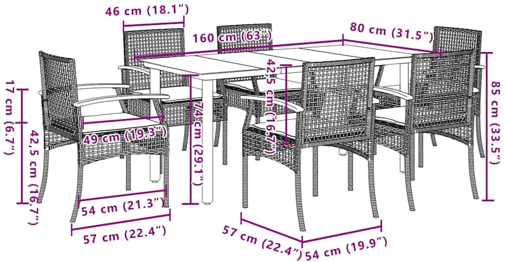 Lauko baldų komplektas Sodo komplektas su pagalvėlėmis, 7 dalių, juodas, poliratanas