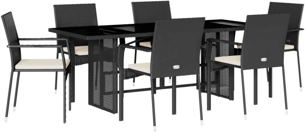 Lauko baldų komplektas Sodo komplektas su pagalvėlėmis, 7 dalių, juodas, poliratanas