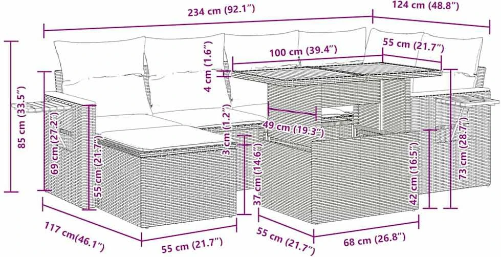 Lauko baldų komplektas Sodo komplektas su pagalvėlėmis, 7 dalių, poliratanas/akacija