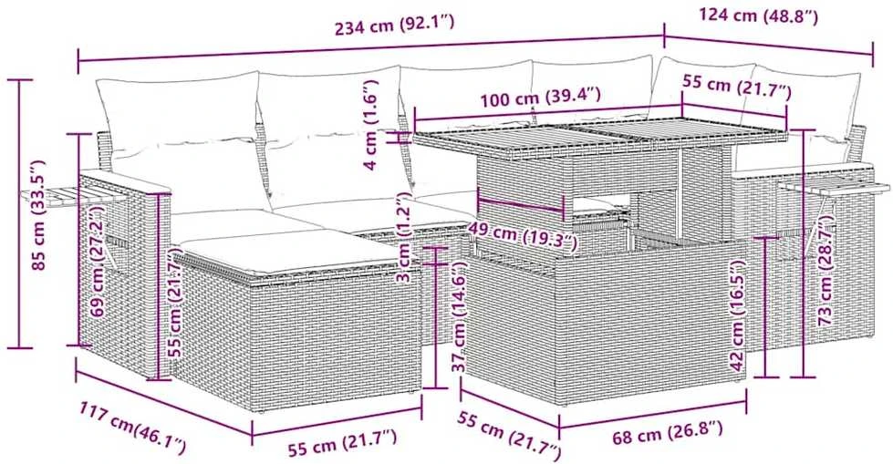 Lauko baldų komplektas Sodo komplektas su pagalvėlėmis, 7 dalių, poliratanas/akacija