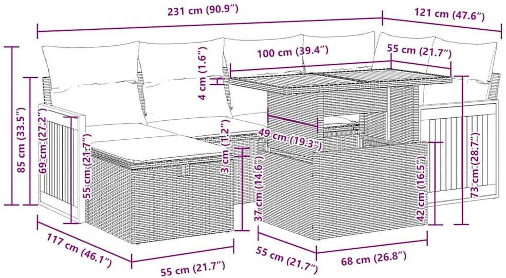 Lauko baldų komplektas Sodo komplektas su pagalvėlėmis, 7 dalių, poliratanas/akacija