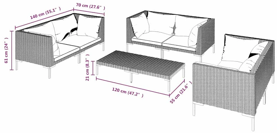 Lauko baldų komplektas Sodo komplektas su pagalvėlėmis, 7 dalių, pilkas, poliratanas