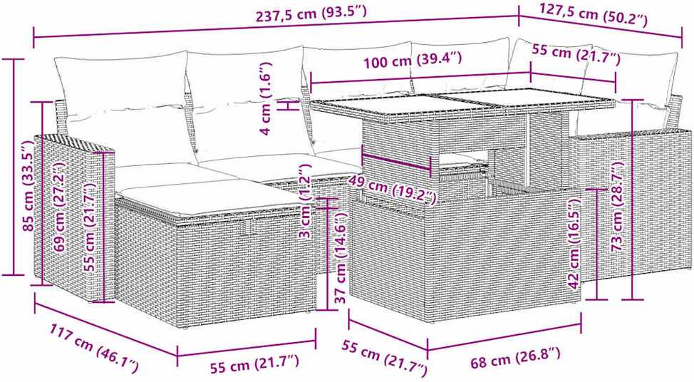 Lauko baldų komplektas Sodo komplektas su pagalvėlėmis, 7 dalių, poliratanas/akacija