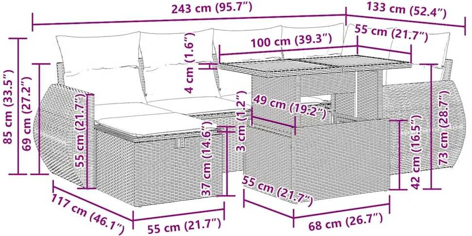 Sodo komplektas su pagalvėlėmis, 7 dalių, poliratanas/akacija