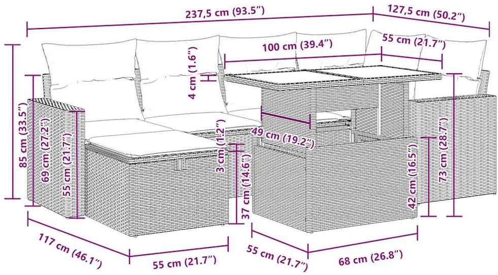 Lauko baldų komplektas Sodo komplektas su pagalvėlėmis, 7 dalių, poliratanas/akacija