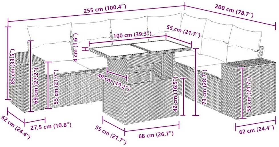 Lauko baldų komplektas Sodo komplektas su pagalvėlėmis, 7 dalių, poliratanas/akacija