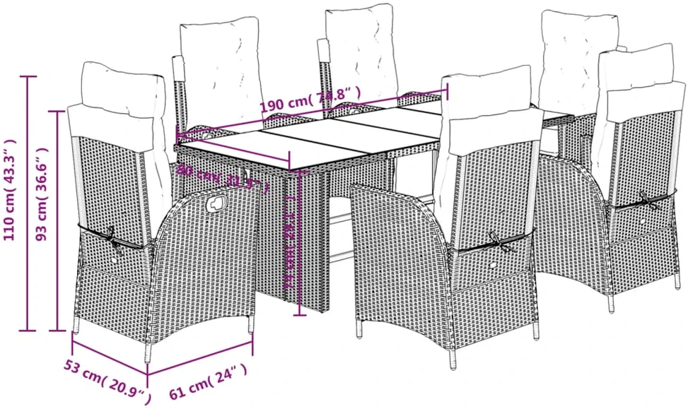 Lauko baldų komplektas Sodo komplektas su pagalvėlėmis, 7 dalių, rudas, poliratanas