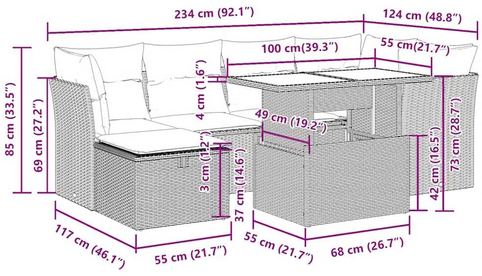 Lauko baldų komplektas Sodo komplektas su pagalvėlėmis, 7 dalių, poliratanas/akacija
