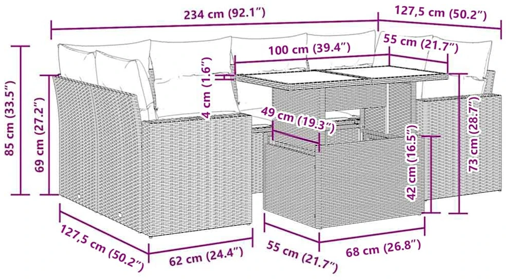 Sodo komplektas su pagalvėlėmis, 7 dalių, poliratanas/akacija