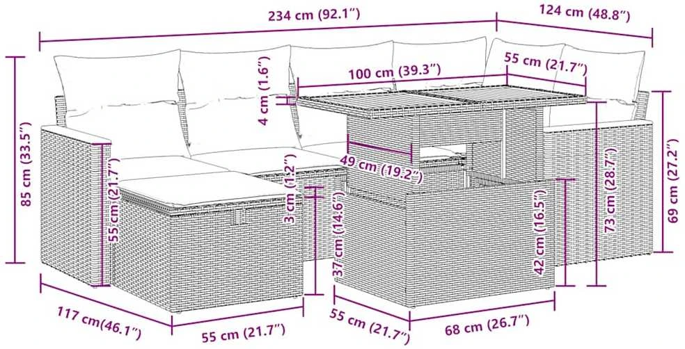 Lauko baldų komplektas Sodo komplektas su pagalvėlėmis, 7 dalių, poliratanas/akacija