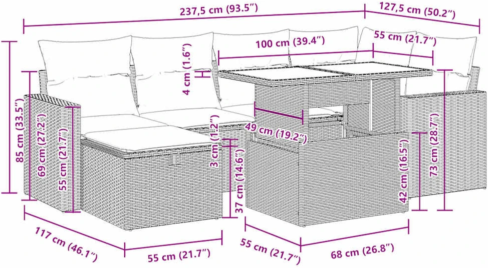 Sodo komplektas su pagalvėlėmis, 7 dalių, poliratanas/akacija