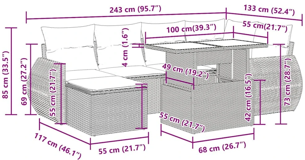 Sodo komplektas su pagalvėlėmis, 7 dalių, poliratanas/akacija