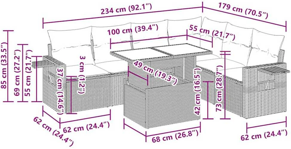 Lauko baldų komplektas Sodo komplektas su pagalvėlėmis, 7 dalių, poliratanas/akacija