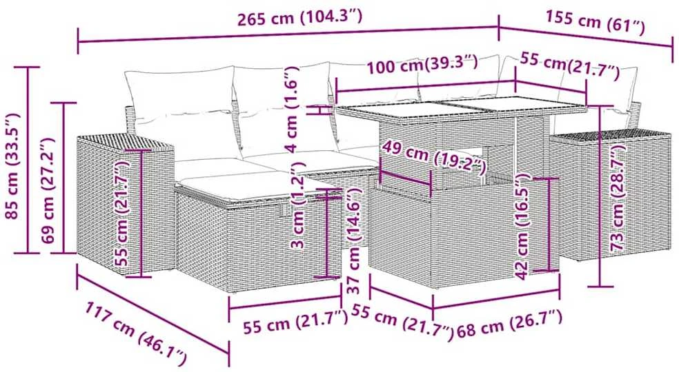 Sodo komplektas su pagalvėlėmis, 7 dalių, poliratanas/akacija