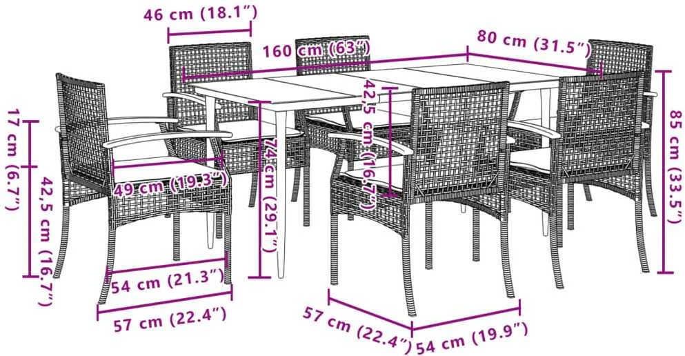 Lauko baldų komplektas Sodo komplektas su pagalvėlėmis, 7 dalių, juodas, poliratanas