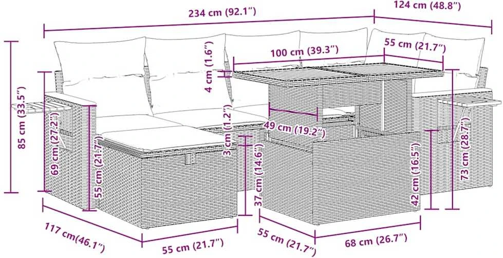 Lauko baldų komplektas Sodo komplektas su pagalvėlėmis, 7 dalių, poliratanas/akacija
