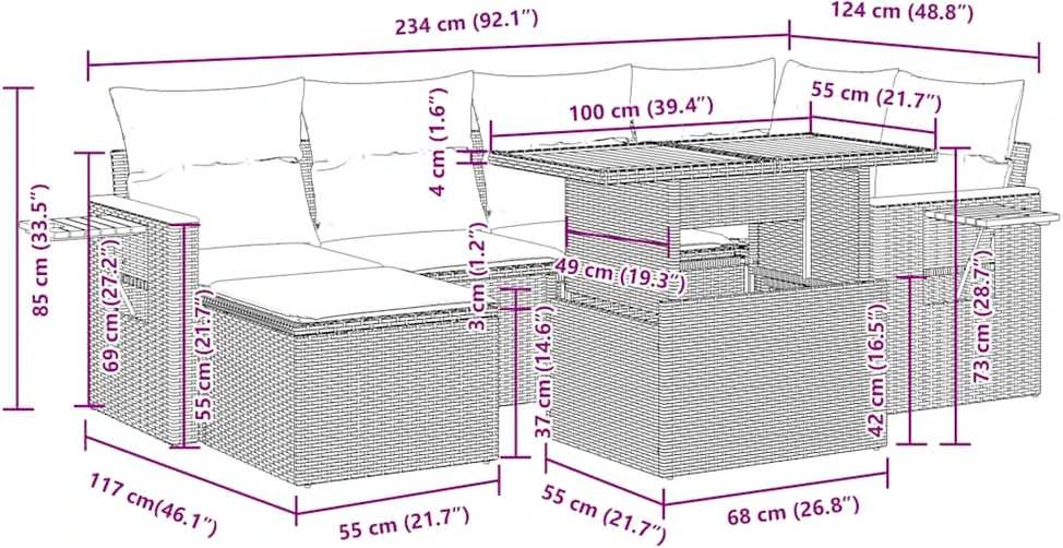 Lauko baldų komplektas Sodo komplektas su pagalvėlėmis, 7 dalių, poliratanas/akacija