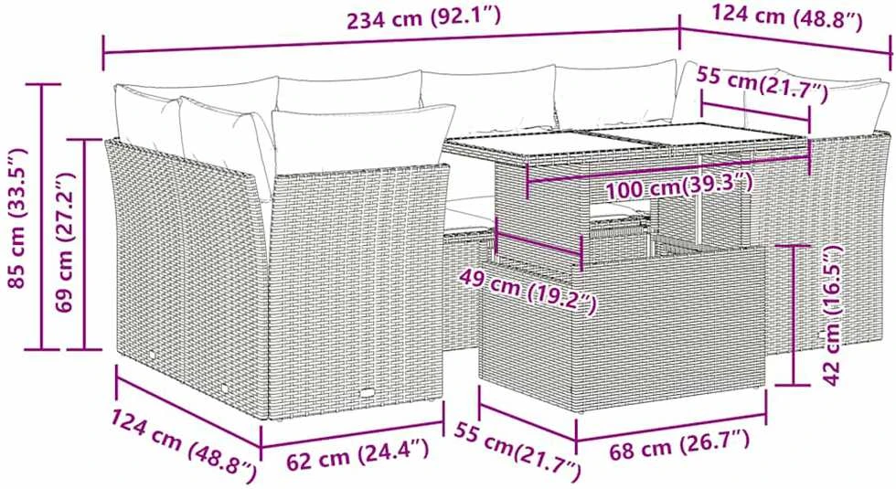 Sofa Sodo komplektas su pagalvėlėmis, 7 dalių, poliratanas/akacija