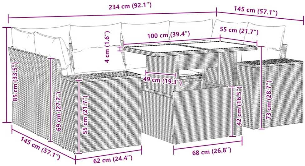 Lauko baldų komplektas Sodo komplektas su pagalvėlėmis, 7 dalių, poliratanas/akacija