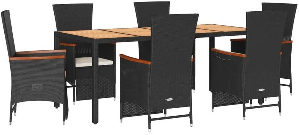 Lauko baldų komplektas Sodo komplektas su pagalvėlėmis, 7 dalių, juodas, poliratanas