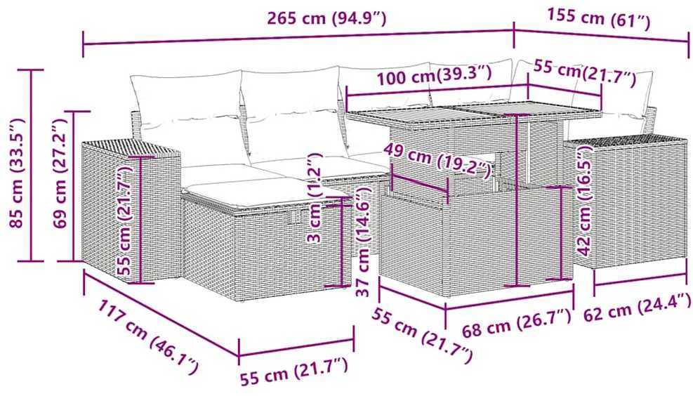Lauko baldų komplektas Sodo komplektas su pagalvėlėmis, 7 dalių, poliratanas/akacija