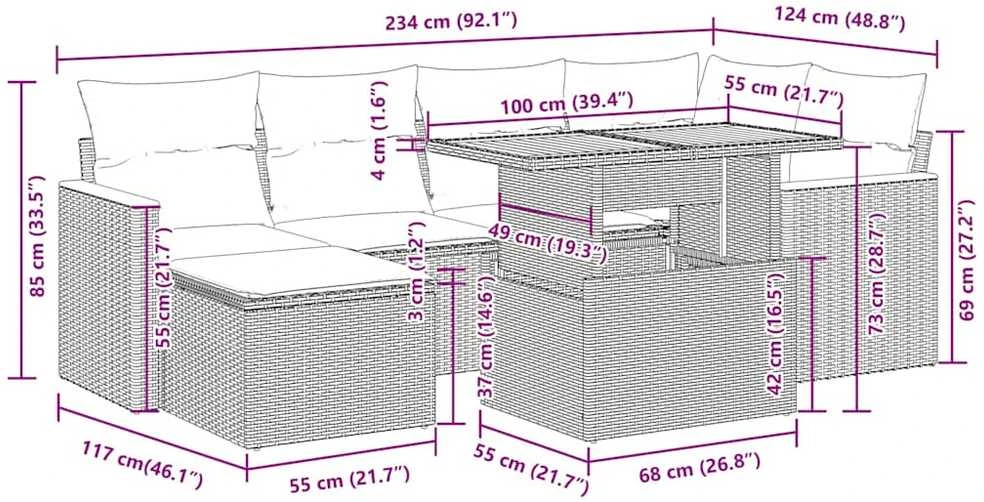 Lauko baldų komplektas Sodo komplektas su pagalvėlėmis, 7 dalių, poliratanas/akacija