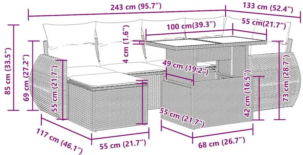 Lauko baldų komplektas Sodo komplektas su pagalvėlėmis, 7 dalių, poliratanas/akacija