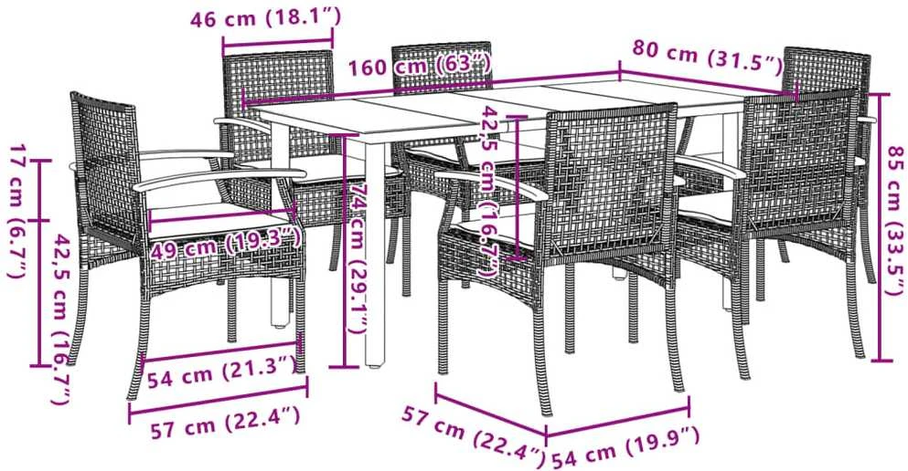 Lauko baldų komplektas Sodo komplektas su pagalvėlėmis, 7 dalių, juodas, poliratanas