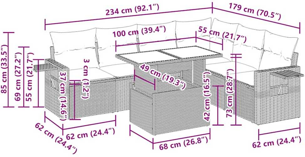 Lauko baldų komplektas Sodo komplektas su pagalvėlėmis, 7 dalių, poliratanas/akacija