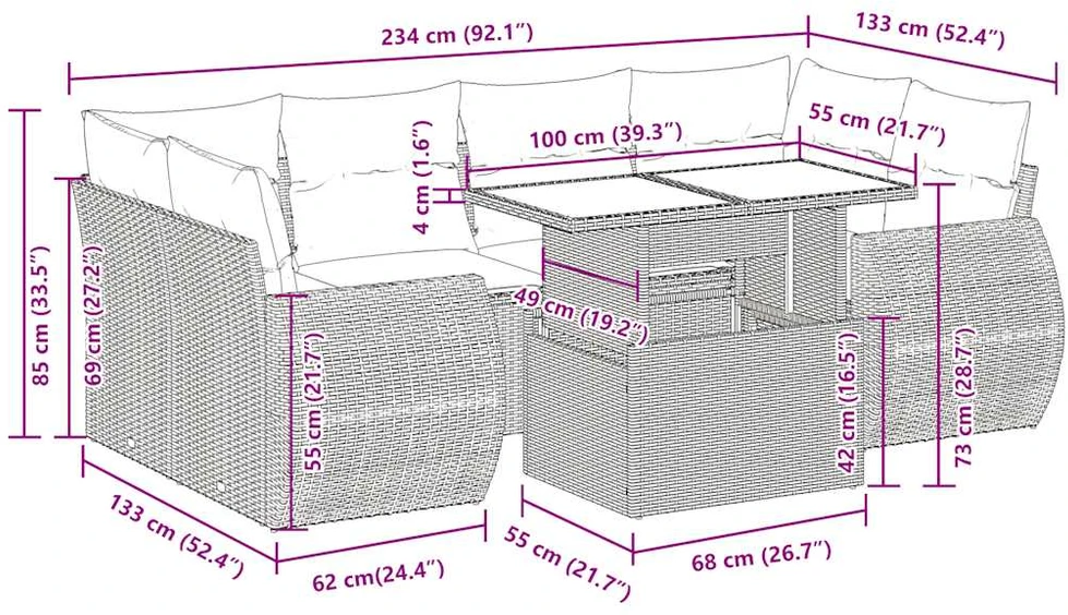 Sodo komplektas su pagalvėlėmis, 7 dalių, poliratanas/akacija