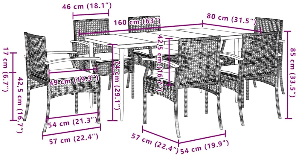 Lauko baldų komplektas Sodo komplektas su pagalvėlėmis, 7 dalių, juodas, poliratanas