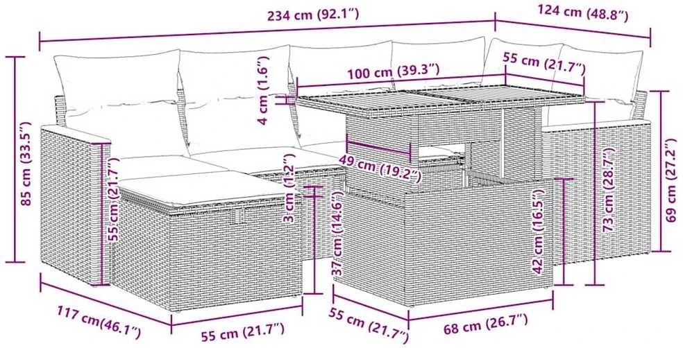 Lauko baldų komplektas Sodo komplektas su pagalvėlėmis, 7 dalių, poliratanas/akacija