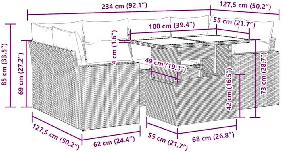 Lauko baldų komplektas Sodo komplektas su pagalvėlėmis, 7 dalių, poliratanas/akacija