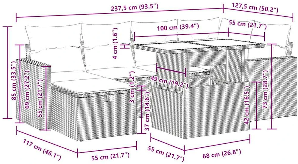 Sodo komplektas su pagalvėlėmis, 7 dalių, poliratanas/akacija