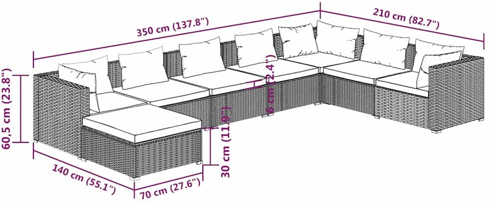 Lauko baldų komplektas Sodo komplektas su pagalvėlėmis, 8 dalių, rudas, poliratanas