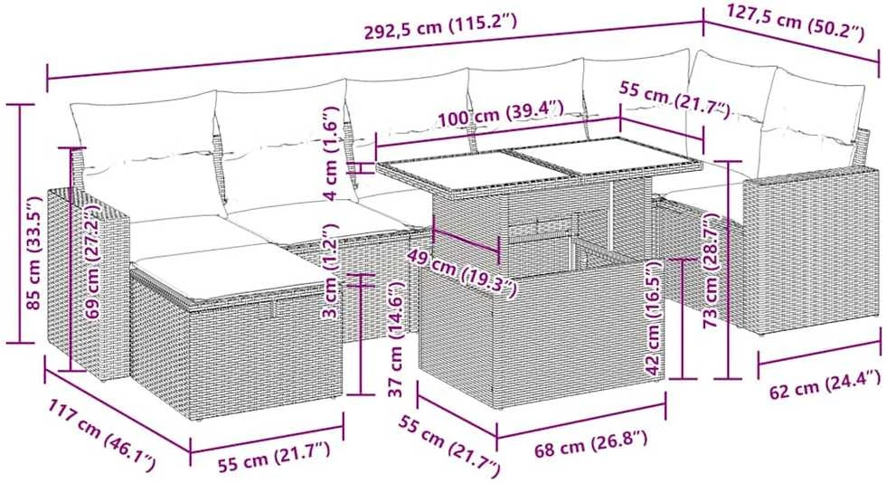 Lauko baldų komplektas Sodo komplektas su pagalvėlėmis, 8 dalių, pilkas, poliratanas