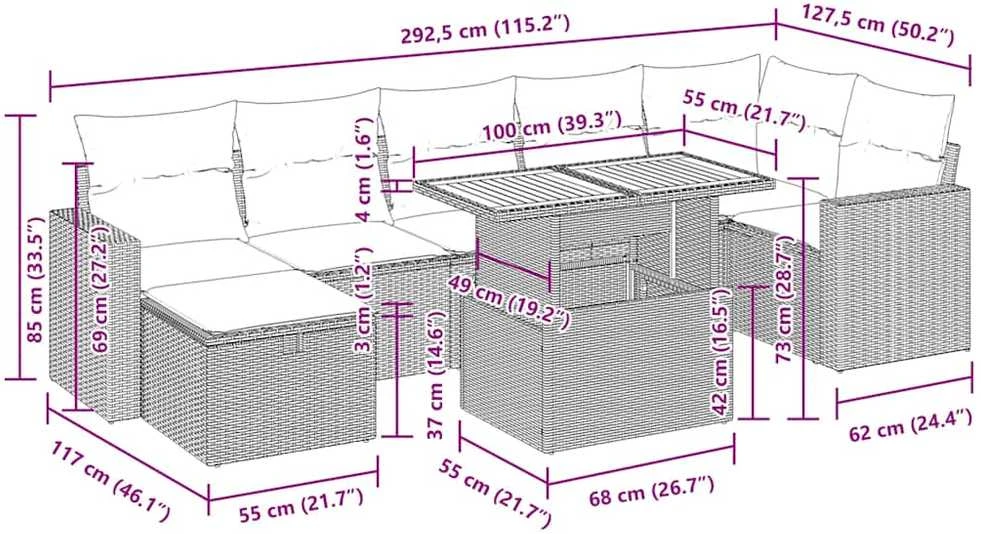 Lauko baldų komplektas Sodo komplektas su pagalvėlėmis, 8 dalių, poliratanas/akacija