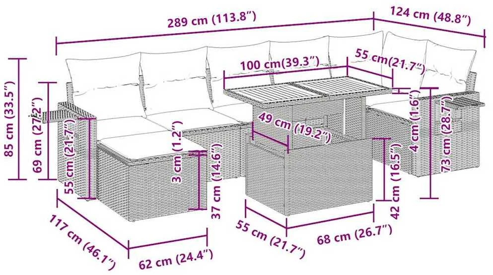 Lauko baldų komplektas Sodo komplektas su pagalvėlėmis, 8 dalių, pilkas, poliratanas