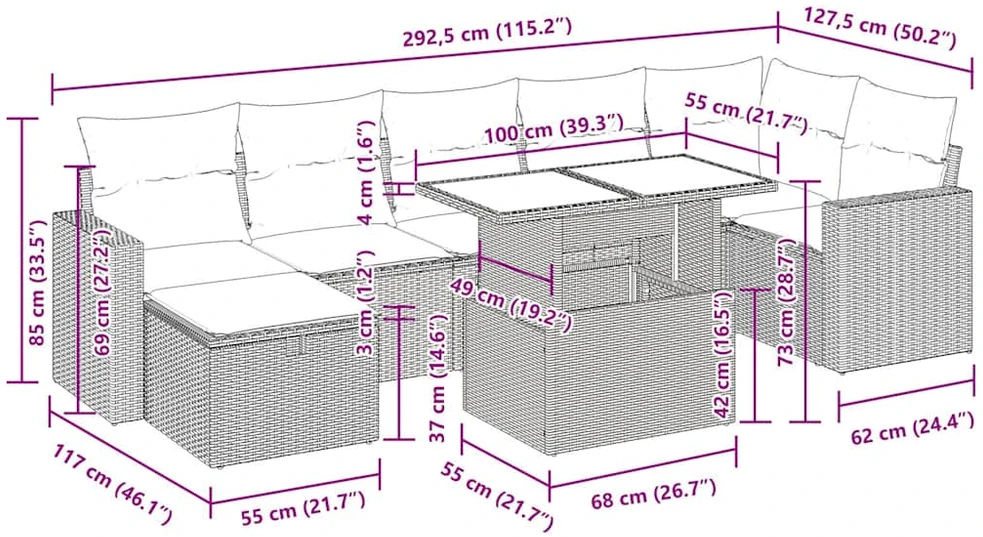 Sodo komplektas su pagalvėlėmis, 8 dalių, poliratanas/akacija