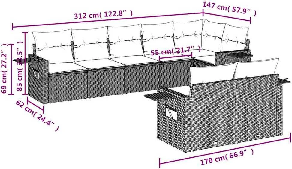 Lauko baldų komplektas Sodo komplektas su pagalvėlėmis, 8 dalių, rudas, poliratanas