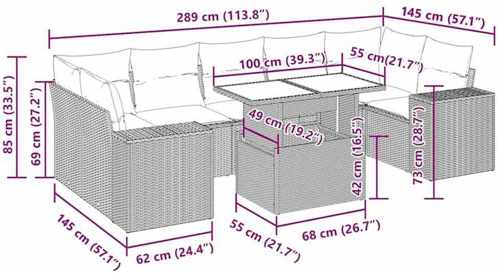 Lauko baldų komplektas Sodo komplektas su pagalvėlėmis, 8 dalių, rudas, poliratanas