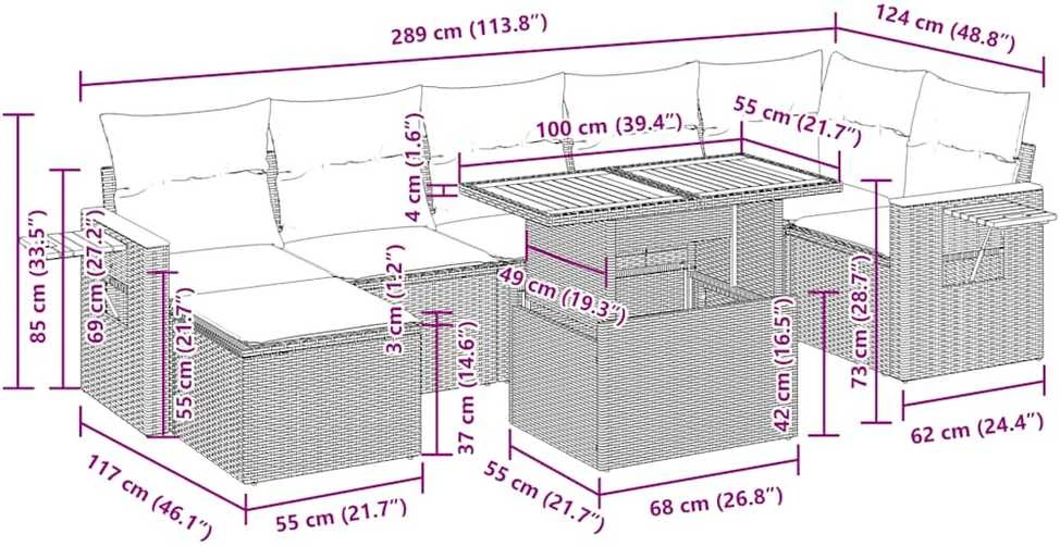 Lauko baldų komplektas Sodo komplektas su pagalvėlėmis, 8 dalių, poliratanas/akacija
