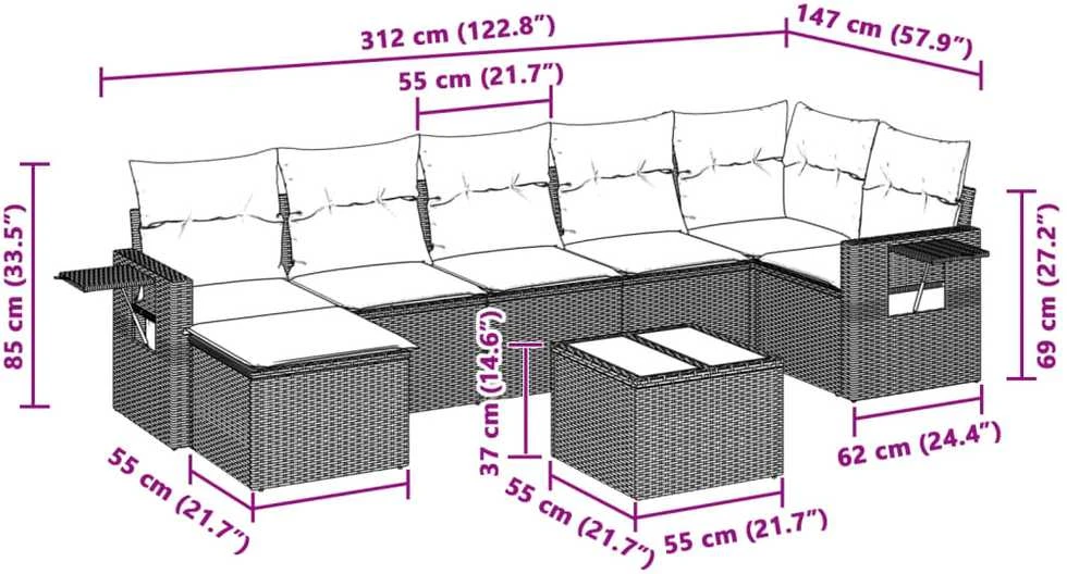 Sofa Sodo komplektas su pagalvėlėmis, 8 dalių, pilkas, poliratanas